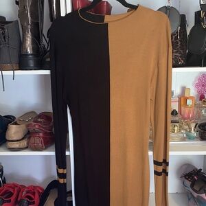 Fashion Nova Two-Tone Black and Brown Long Sleeve Dress